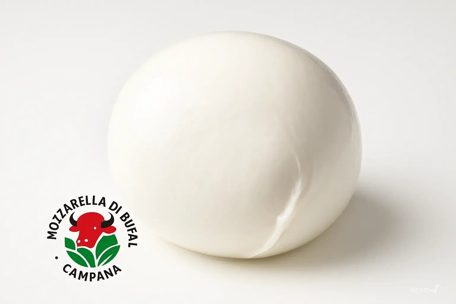 Fresh Mozzarella di Bufala Campana PDO cheese ball with logo on white background
