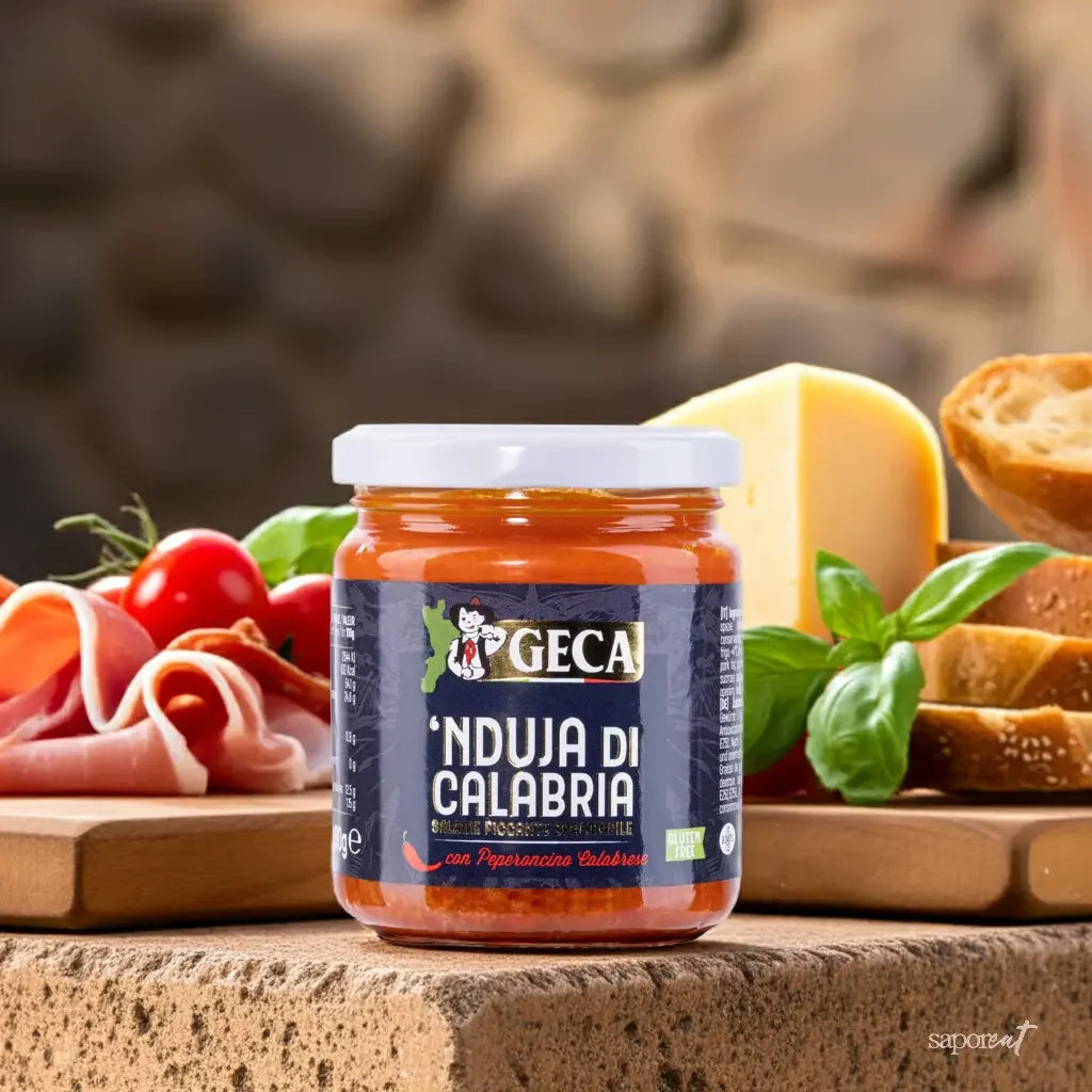 Jar of Geca 'Nduja di Calabria spicy spreadable salami with sliced ham, tomatoes, cheese, basil, and bread