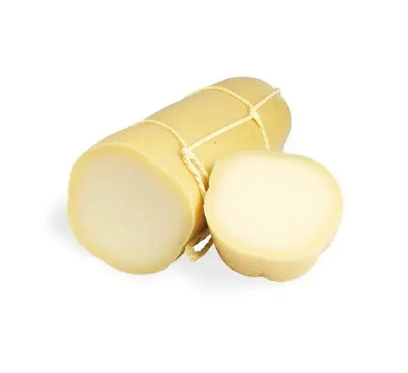 Whole and sliced Provolone Dolce cheese with twine on white background