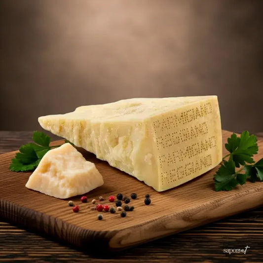 Wedge of Parmigiano Reggiano cheese with a smaller piece, peppercorns, and parsley on a wooden board