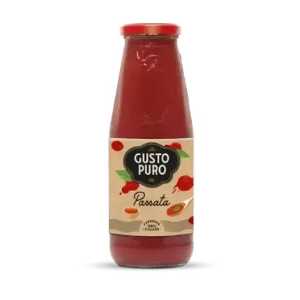 Gusto Puro Italian Passata tomato sauce in glass bottle with red cap and label