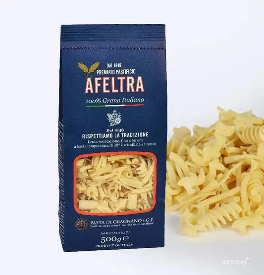 A 500g blue package of Afeltra traditional mixed pasta from Gragnano, Italy, with visible pasta shapes beside it