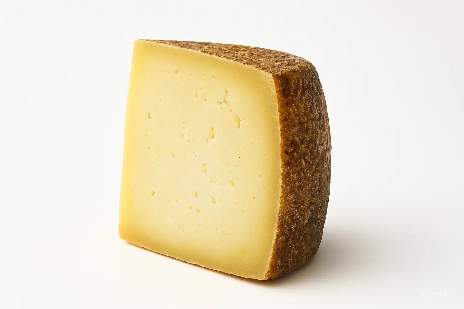 wedge of Pecorino cheese with brown rind and pale yellow interior on white background