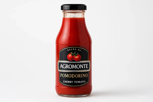 Agromonte Pomodorino cherry tomato sauce in a glass bottle with black label and black lid