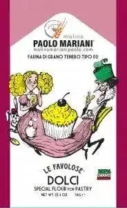 Package of Paolo Mariani Molino Tipo 00 soft wheat flour for pastry with cartoon cupcake and characters