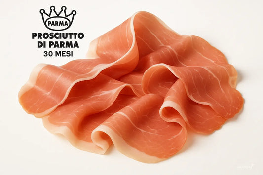 Thinly sliced Prosciutto di Parma aged 30 months arranged on a white background