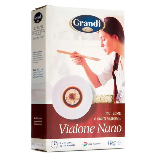 Grandi Riso Vialone Nano 1kg Italian risotto rice package with woman cooking and plate of risotto