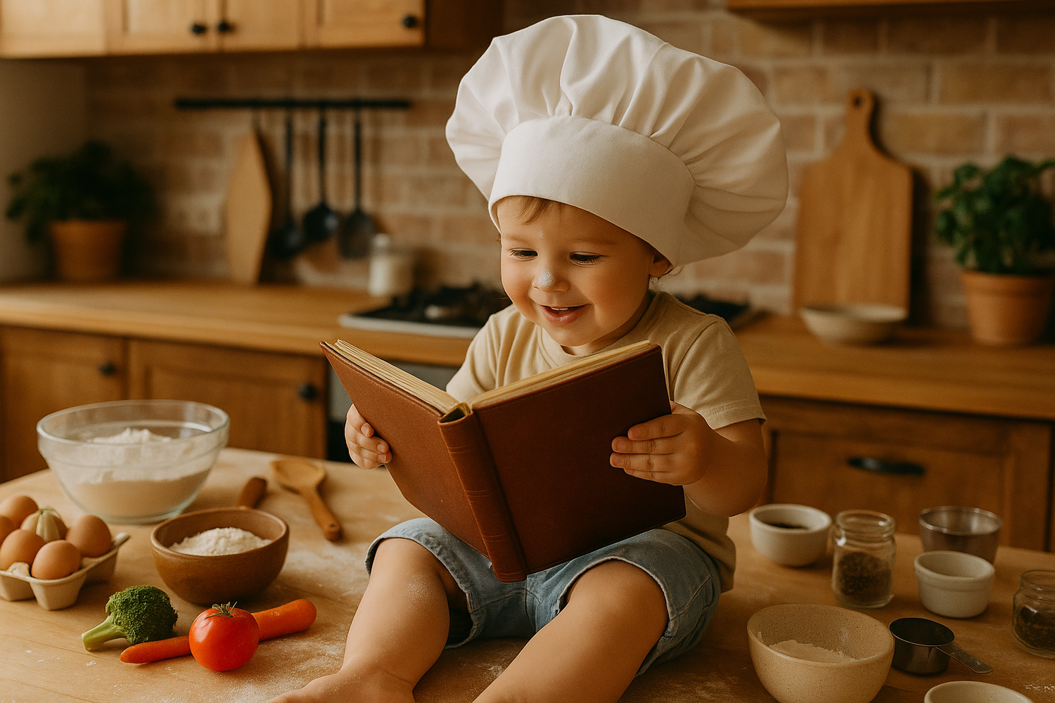 A heartwarming kitchen scene with a young child wearing an oversized chef's hat, sitting on a kitchen worktop reading a brown leather recipe book, with flour dust on their nose and cooking ingredients scattered around