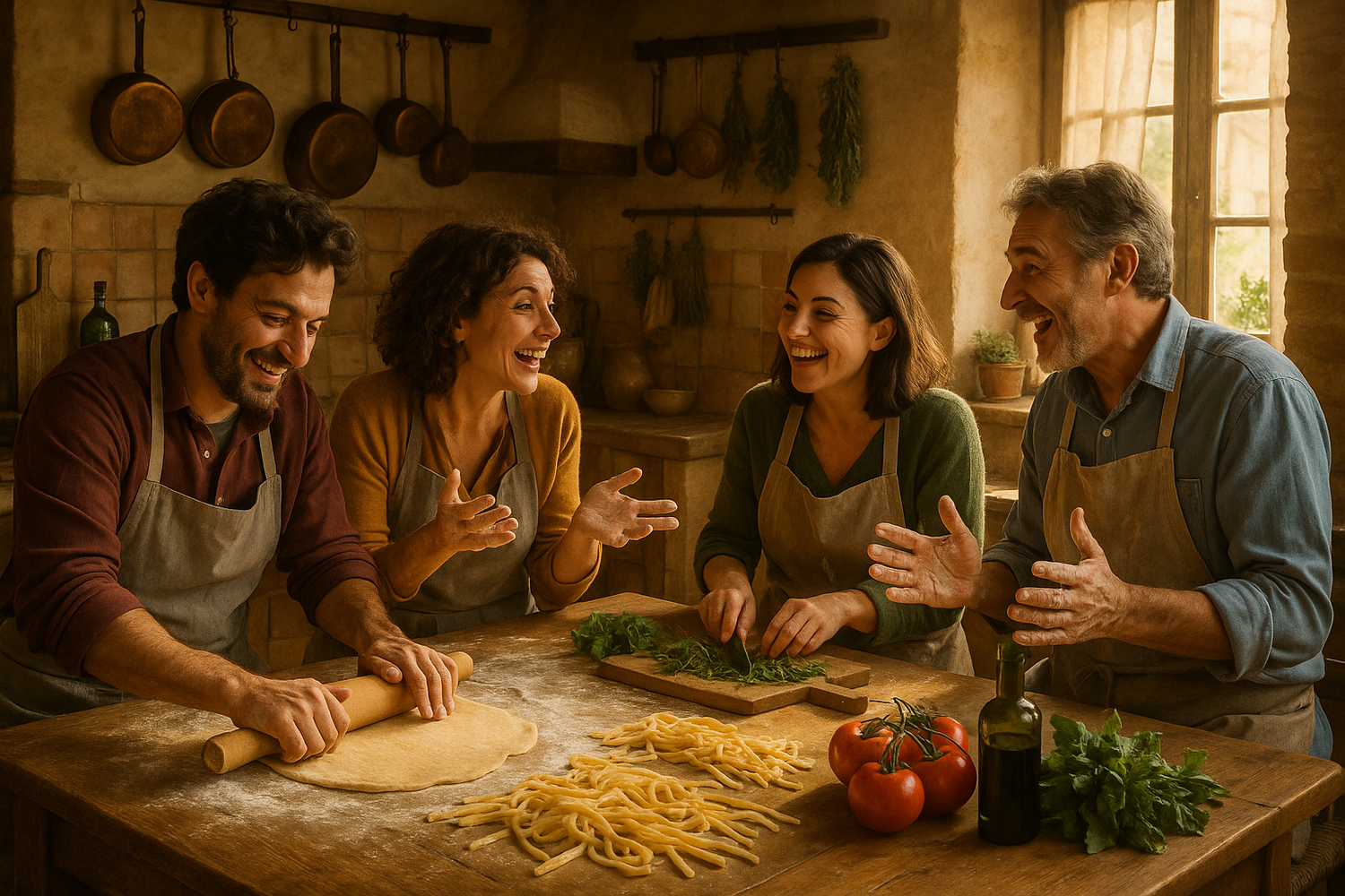 italian friends cooking togheter 
